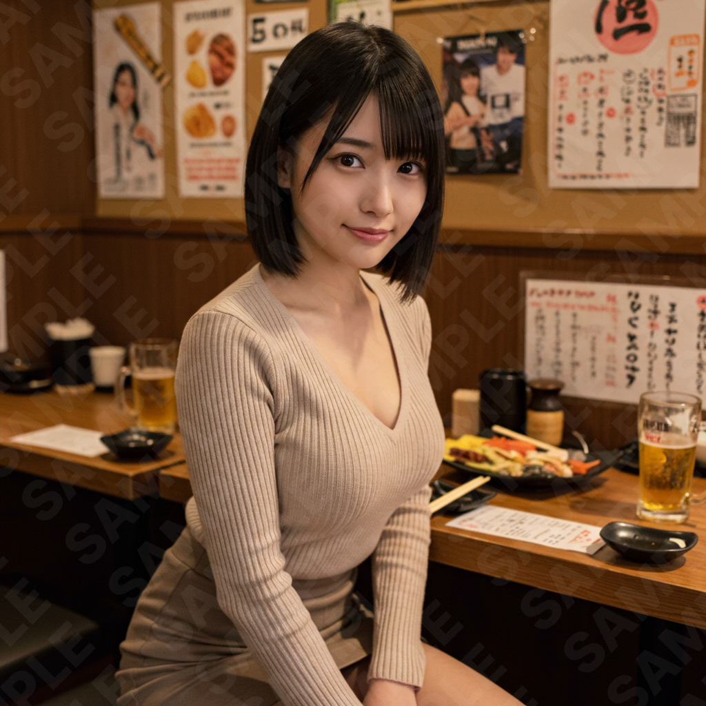 居酒屋で微笑む女性モデル画像|マッチングアプリ・SNS広告用高解像度素材