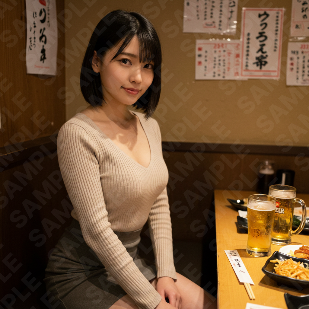 居酒屋で微笑む女性モデル画像|マッチングアプリ・SNS広告用高解像度素材