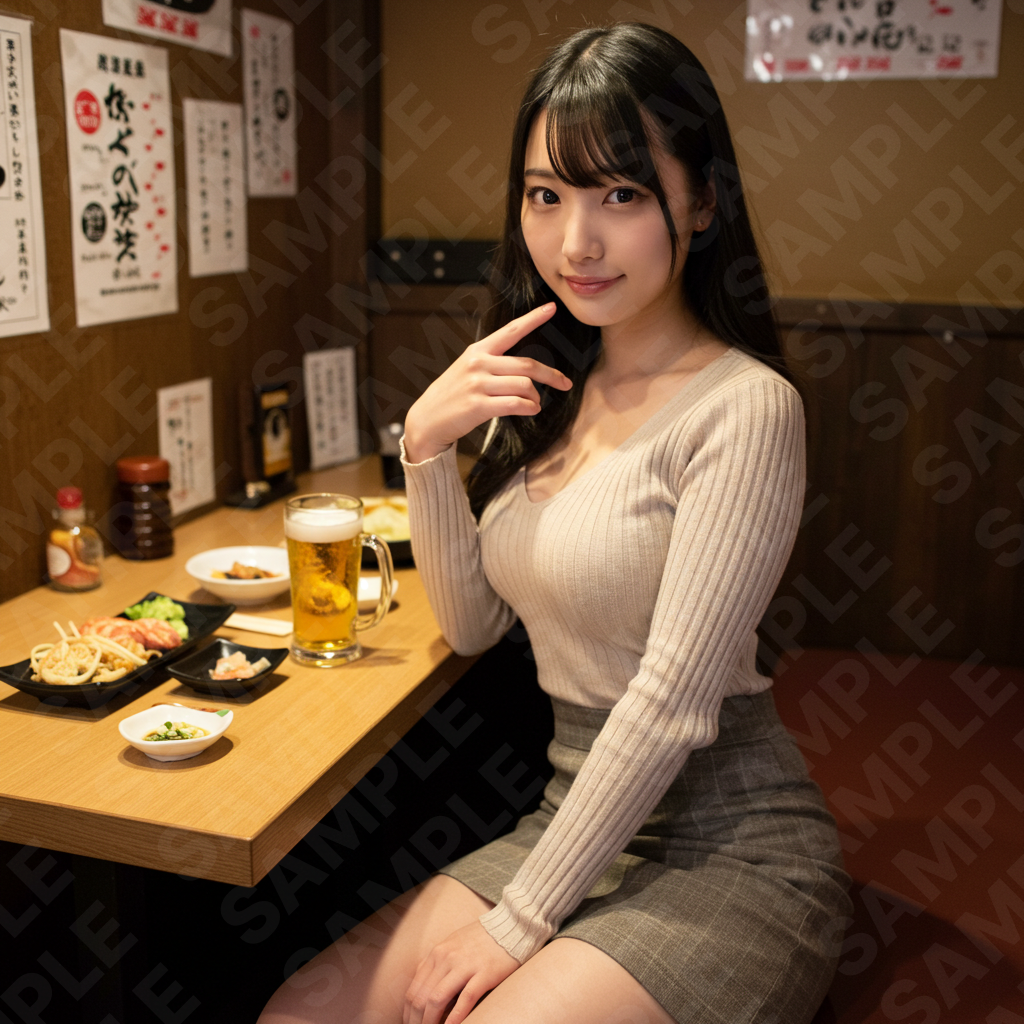 「居酒屋で微笑む女性モデル画像|マッチングアプリ・SNS広告用高解像度素材