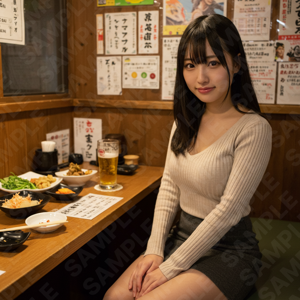 居酒屋で微笑む女性モデル画像|マッチングアプリ・SNS広告用高解像度素材